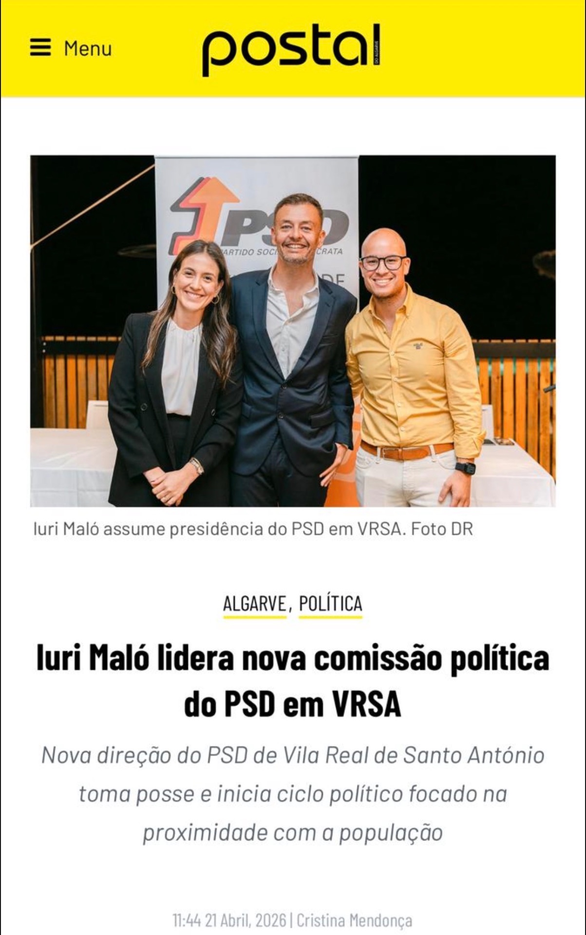 Postal do Algarve — Iuri Maló lidera nova comissão política do PSD em VRSA